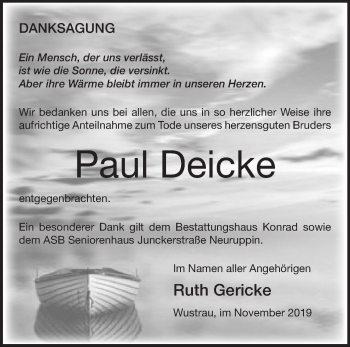 Traueranzeige von Paul Deicke von Märkische Oderzeitung