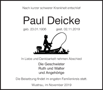 Traueranzeige von Paul Deicke von Märkische Oderzeitung