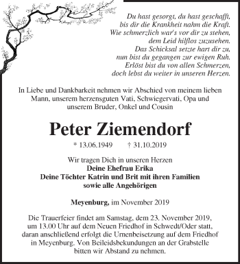 Traueranzeige von Peter Ziemendorf von Märkische Oderzeitung