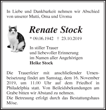 Traueranzeige von Renate Stock von Märkische Oderzeitung