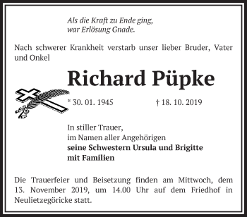 Traueranzeige von Richard Püpke von Märkische Oderzeitung