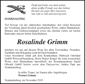 Traueranzeige von Rosalinde Grimm von Märkische Oderzeitung