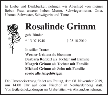 Traueranzeige von Rosalinde Grimm von Märkische Oderzeitung