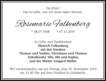 Traueranzeige von Rosemarie Falkenberg von Märkische Oderzeitung