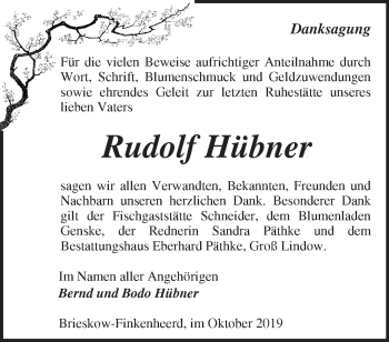 Traueranzeige von Rudolf Hübner von Märkische Oderzeitung