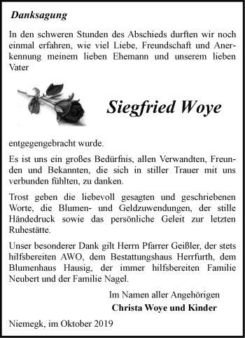 Traueranzeige von Siegfried Woye von Märkische Oderzeitung