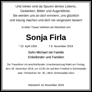 Traueranzeige von Sonja Firla von Märkische Oderzeitung