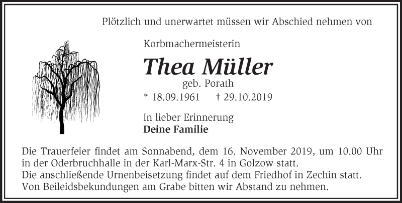  Traueranzeige für Thea Müller vom 07.11.2019 aus Märkische Oderzeitung