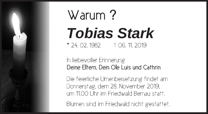  Traueranzeige für Tobias Stark vom 17.11.2019 aus Märkische Oderzeitung