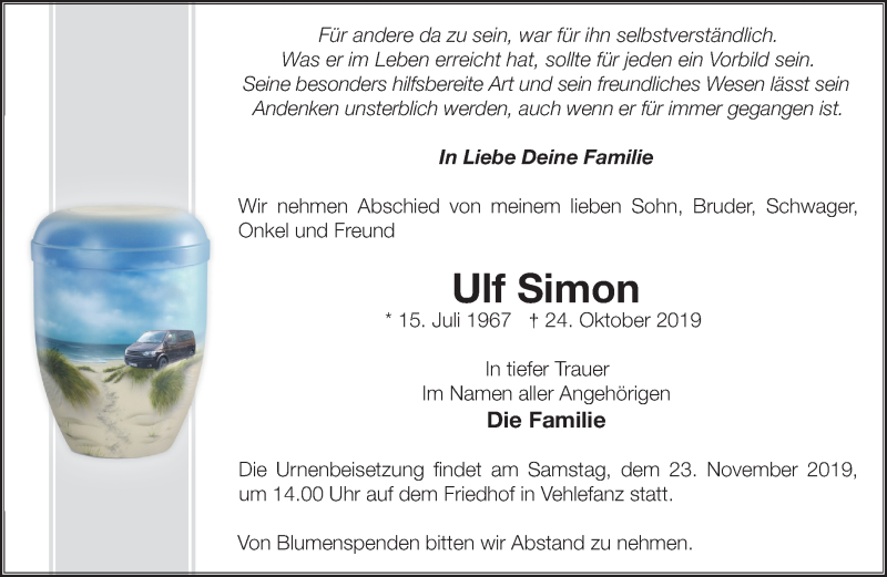  Traueranzeige für Ulf Simon vom 16.11.2019 aus Märkische Oderzeitung