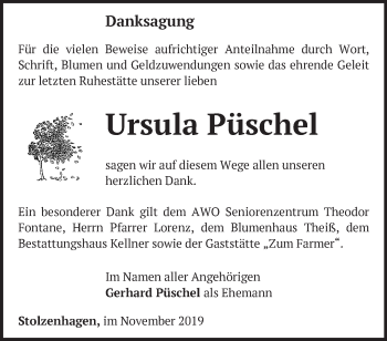 Traueranzeige von Ursula Püschel von Märkische Oderzeitung