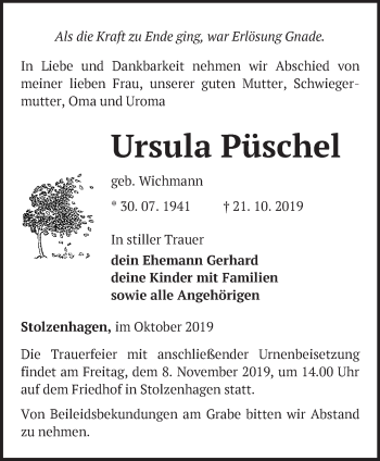 Traueranzeige von Ursula Püschel von Märkische Oderzeitung