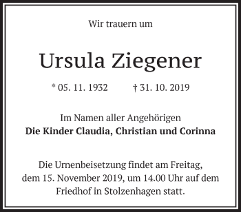 Traueranzeige von Ursula Ziegener von Märkische Oderzeitung