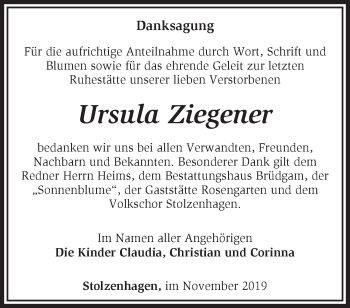 Traueranzeige von Ursula Ziegener von Märkische Oderzeitung