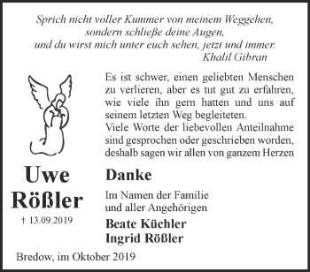 Traueranzeige von Uwe Rößler von Märkische Oderzeitung