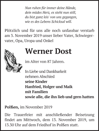 Traueranzeige von Werner Dost von Märkische Oderzeitung