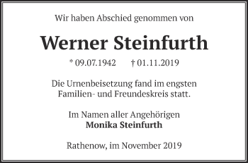 Traueranzeige von Werner Steinfurth von Märkische Oderzeitung