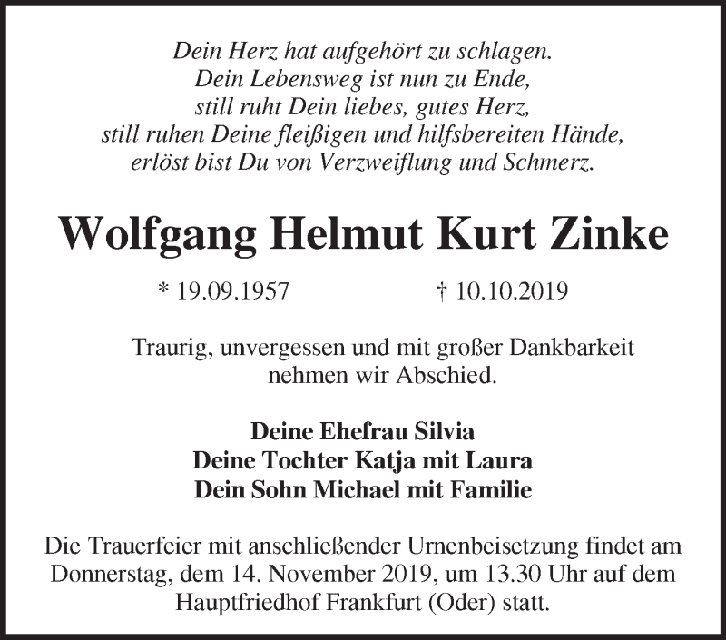 Traueranzeige für Wolfgang Helmut Kurt Zinke vom 03.11.2019 aus Märkische Oderzeitung