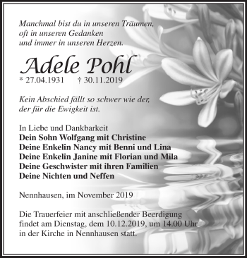 Traueranzeige von Adele Pohl von Märkische Oderzeitung