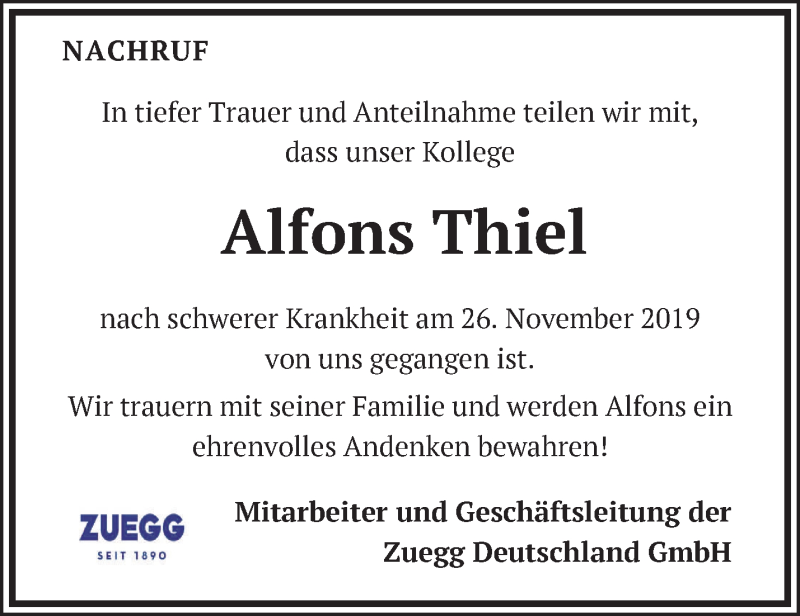  Traueranzeige für Alfons Thiel vom 03.12.2019 aus Märkische Oderzeitung