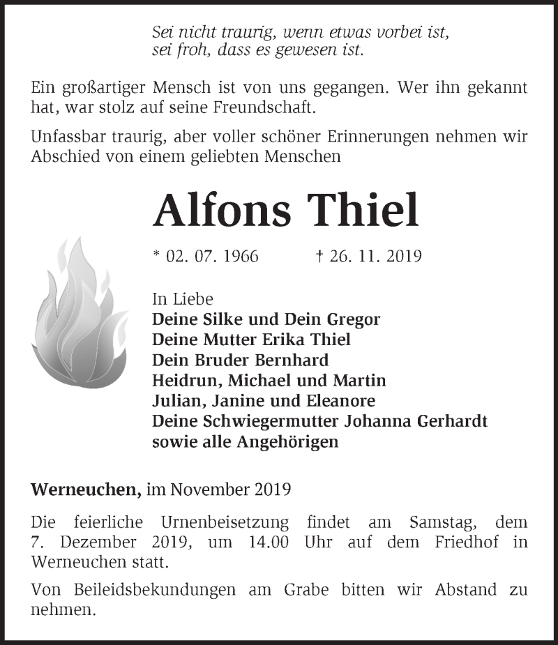  Traueranzeige für Alfons Thiel vom 30.11.2019 aus Märkische Oderzeitung