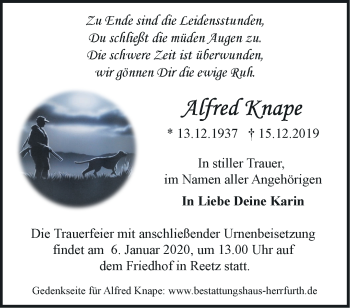 Traueranzeige von Alfred Knape von Märkische Oderzeitung