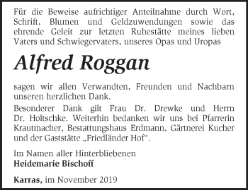 Traueranzeige von Alfred Roggan von Märkische Oderzeitung