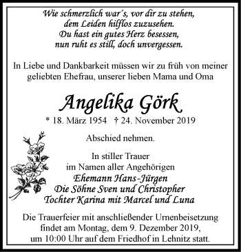 Traueranzeige von Angelika Görk von Märkische Oderzeitung