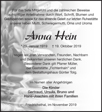 Traueranzeige von Anna Hein von Märkische Oderzeitung