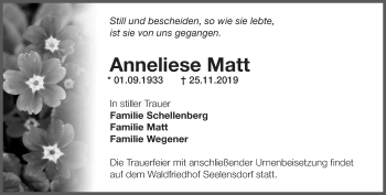 Traueranzeige von Anneliese Matt von Märkische Oderzeitung