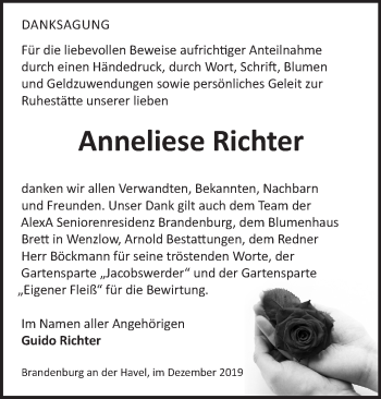 Traueranzeige von Anneliese Richter von Märkische Oderzeitung