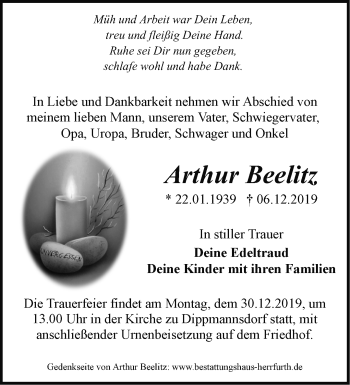 Traueranzeige von Arthur Beelitz von Märkische Oderzeitung