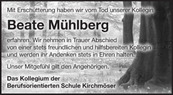 Traueranzeige von Beate Mühlberg von Märkische Oderzeitung