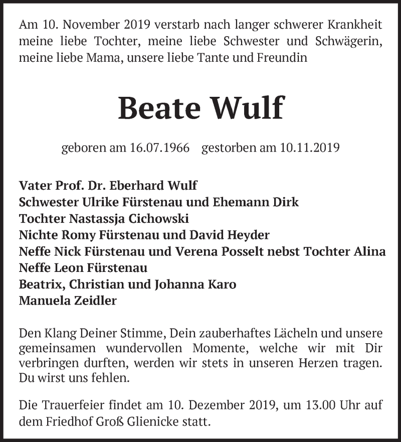  Traueranzeige für Beate Wulf vom 04.12.2019 aus Märkische Oderzeitung