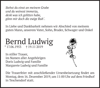 Traueranzeige von Bernd Ludwig von Märkische Oderzeitung