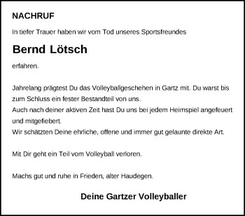 Traueranzeige von Bernd Lötsch von Märkische Oderzeitung