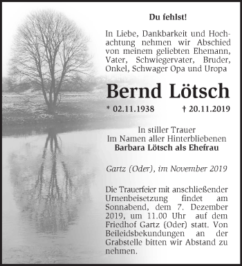 Traueranzeige von Bernd Lötsch von Märkische Oderzeitung