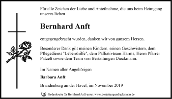 Traueranzeige von Bernhard Anft von Märkische Oderzeitung