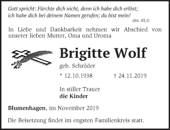 Traueranzeige von Brigitte Wolf von Märkische Oderzeitung