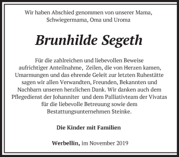 Traueranzeige von Brunhilde Segeth von Märkische Oderzeitung