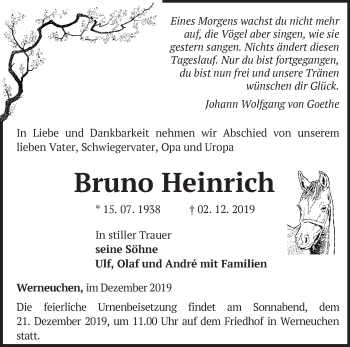 Traueranzeige von Bruno Heinrich von Märkische Oderzeitung