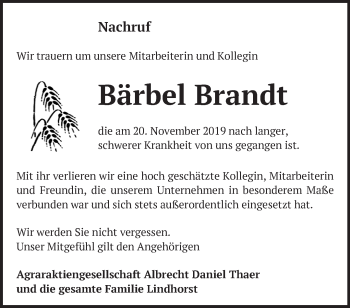 Traueranzeige von Bärbel Brandt von Märkische Oderzeitung