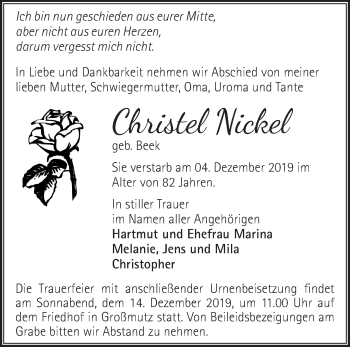 Traueranzeige von Christel Nickel von Märkische Oderzeitung