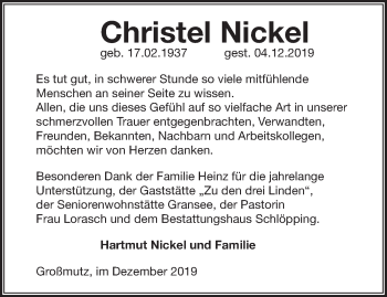 Traueranzeige von Christel Nickel von Märkische Oderzeitung