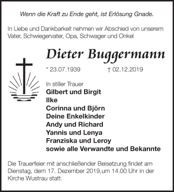 Traueranzeige von Dieter Buggermann von Märkische Oderzeitung