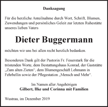 Traueranzeige von Dieter Buggermann von Märkische Oderzeitung