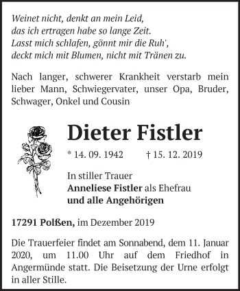 Traueranzeige von Dieter Fistler von Märkische Oderzeitung