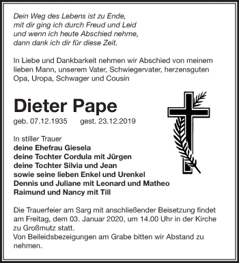 Traueranzeige von Dieter Pape von Märkische Oderzeitung