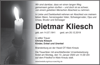 Traueranzeige von Dietmar Kliesch von Märkische Oderzeitung