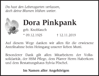 Traueranzeige von Dora Pinkpank von Märkische Oderzeitung